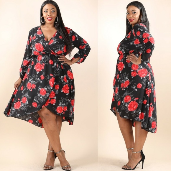 Dresses & Skirts - New Plus Size Red Midi Wrap floral Dress